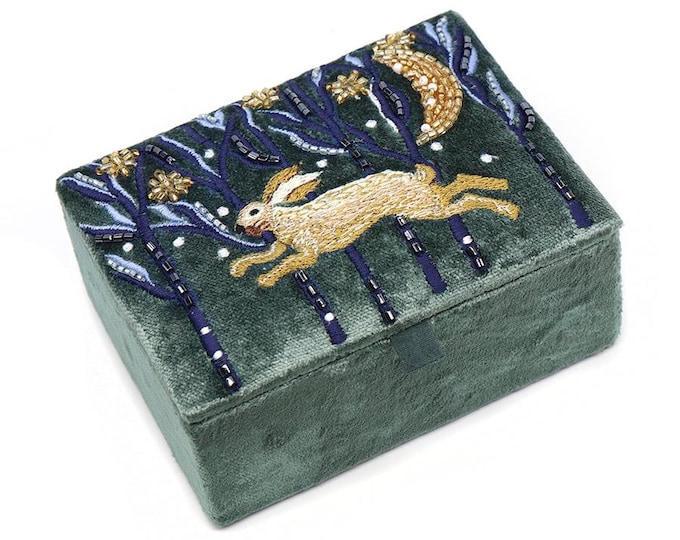 Midnight green leaping hare embroidered velvet jewellery box