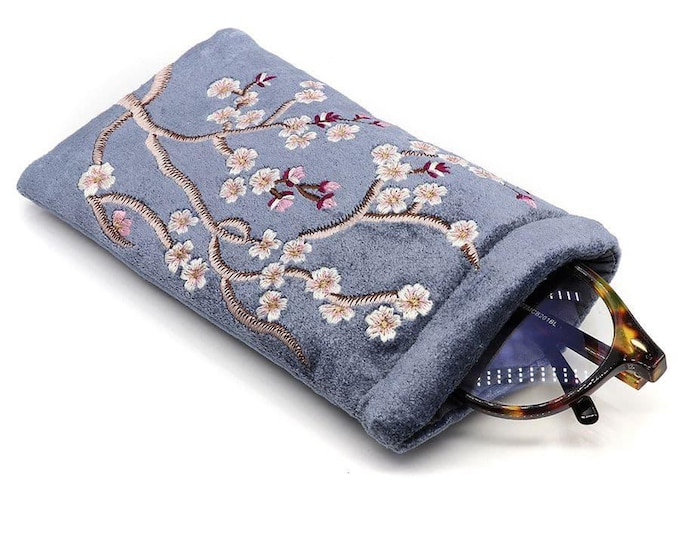 Blue Velvet Sakura Glasses Case – Embroidered Cherry Blossom Glasses Pouch – Soft Padded – 18cm x 10cm