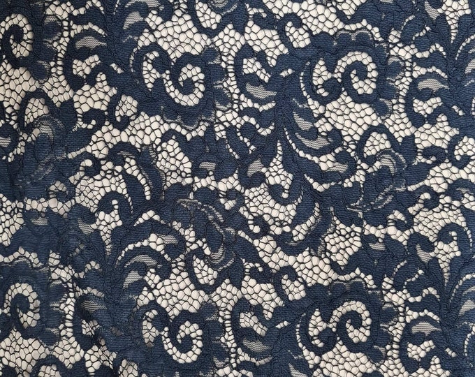 Navy Blue Corded Lace Fabric, 146cm width, 100% Polyester PER HALF METRE