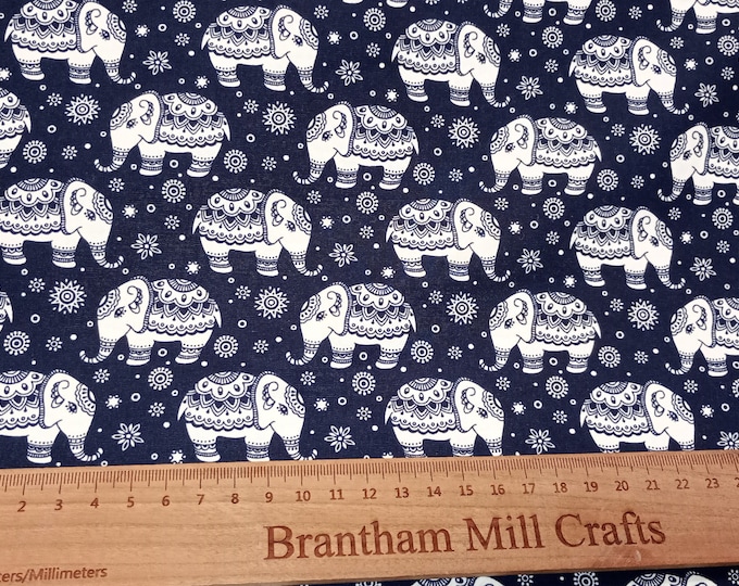 Rose & Hubble, Ivory on Navy, Elephant Fabric, 110cm width, 100% Cotton Poplin PER HALF METRE