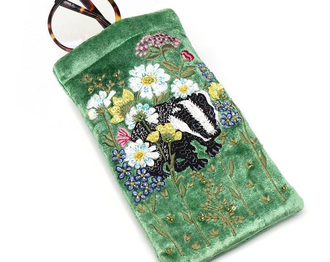 Green floral and badger embroidered velvet glasses case