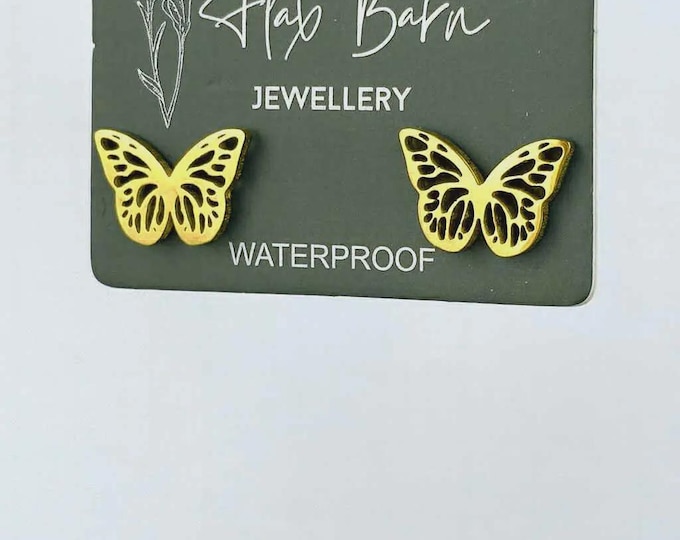Gold Butterfly Stud Earrings, Tarnish Resistant Stud Earrings, PVD Gold Plated Stainless Steel Earrings, Waterproof Butterfly Earrings