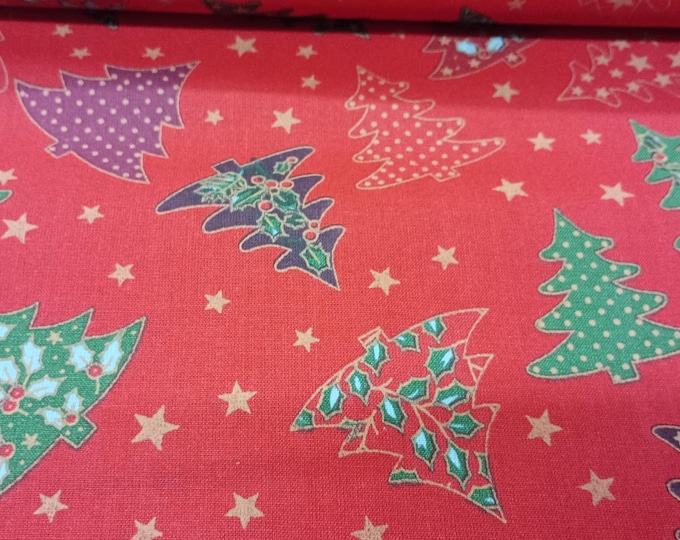 Colourful Christmas Trees, Red, 100% Cotton Fabric, 110cm width