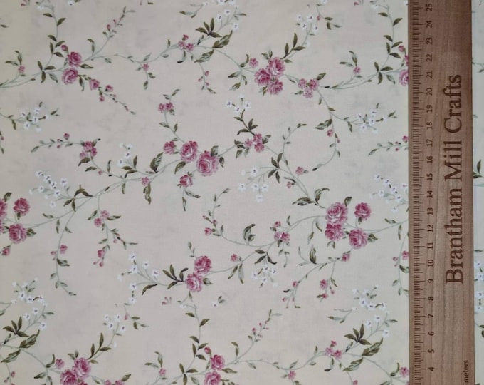 Cream Floral Print Fabric, 110cm width, 100% Cotton Poplin PER HALF METRE