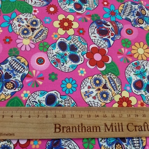 Sugar Skulls, Pink, Print Fabric, 110cm width, 100% Cotton Poplin PER HALF METRE
