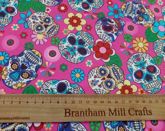 Sugar Skulls, Pink, Print Fabric, 110cm width, 100% Cotton Poplin PER HALF METRE