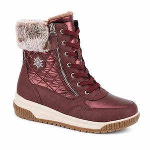 May include: A burgundy ankle boot featuring a quilted metallic upper, a side zip, and matching laces. The collar is lined with brown faux fur, and a white snowflake emblem is stitched on the side. It has a thick, cream-coloured rubber sole.