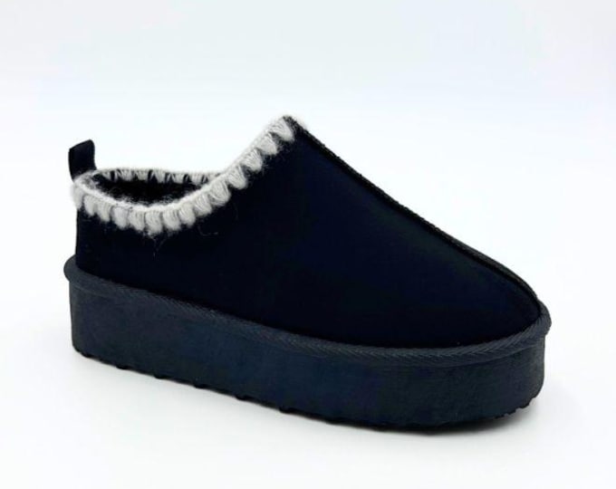 Ladies Black Faux Fur Lined Platform Slippers | Whip Stitch Detail & Cozy Comfort