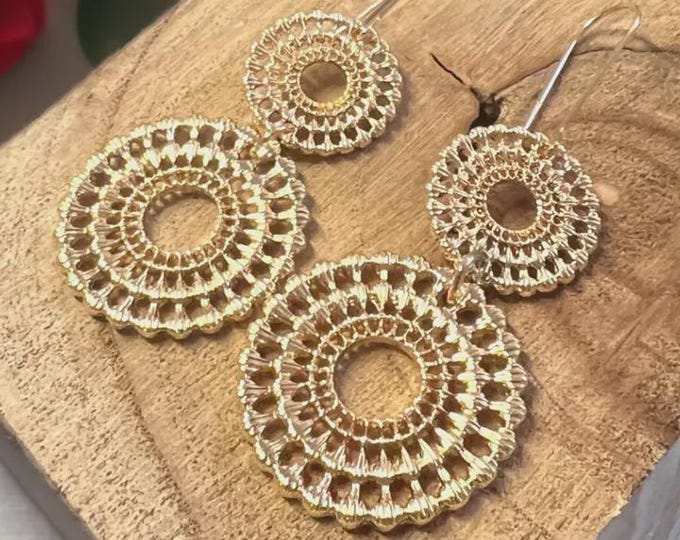 Gold Crochet Lace Earrings, Handmade Lace Dangle Earrings, Boho Statement Earrings, Lightweight Round Lace Jewelry, Elegant Crochet Jewelry