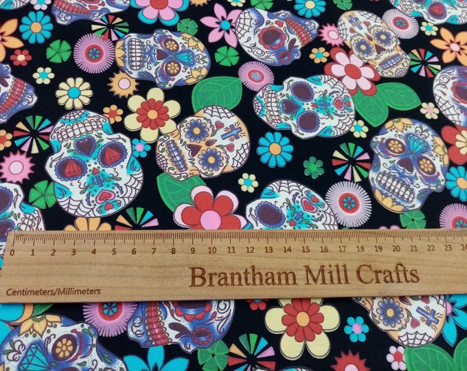 Sugar Skulls, Black, Print Fabric, 110cm width, 100% Cotton Poplin PER HALF METRE