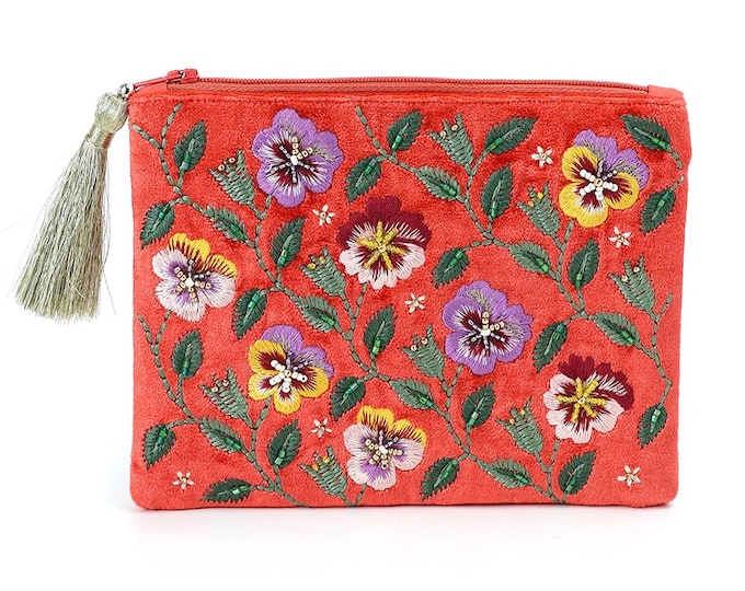Coral Floral Embroidered Velvet Pouch | Wildflower Makeup Bag | Colourful Cosmetic Case | Tassel Zip Clutch | Gift for Her