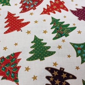 Colourful Christmas Trees, White, 100% Cotton Fabric, 110cm width