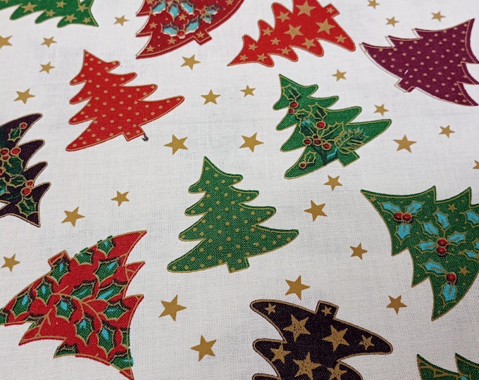 Colourful Christmas Trees, White, 100% Cotton Fabric, 110cm width