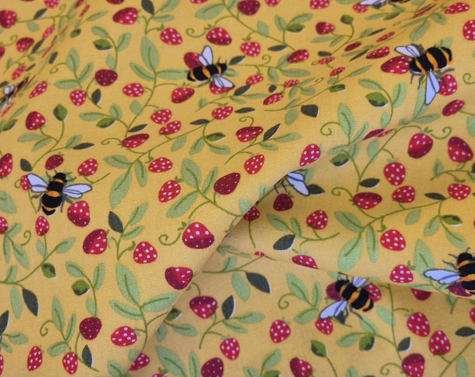 Rose & Hubble Yellow Strawberry and Bee Fabric, 110cm width, Cotton Poplin PER HALF METRE