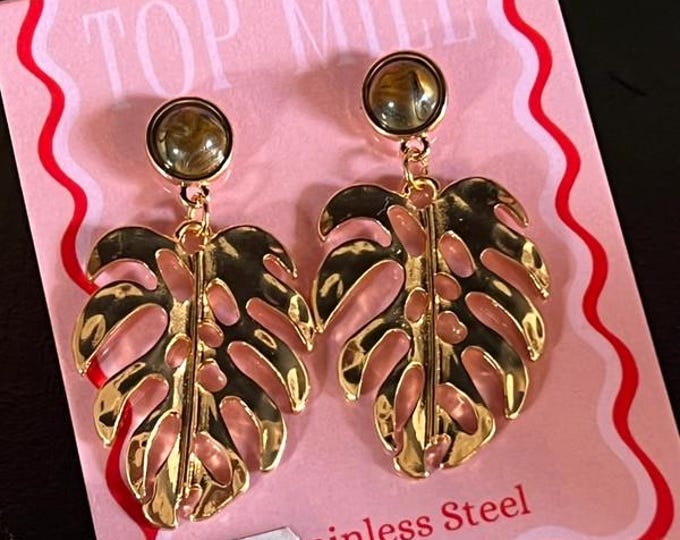 Gold Palm Leaf Earrings – Large Hanging Stainless Steel Statement Earrings
