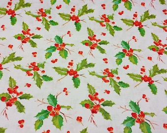 May include: White fabric with a repeating pattern of holly branches. Each branch features green leaves and clusters of red berries. The design is a festive, seasonal pattern, perfect for holiday-themed crafts or decor.