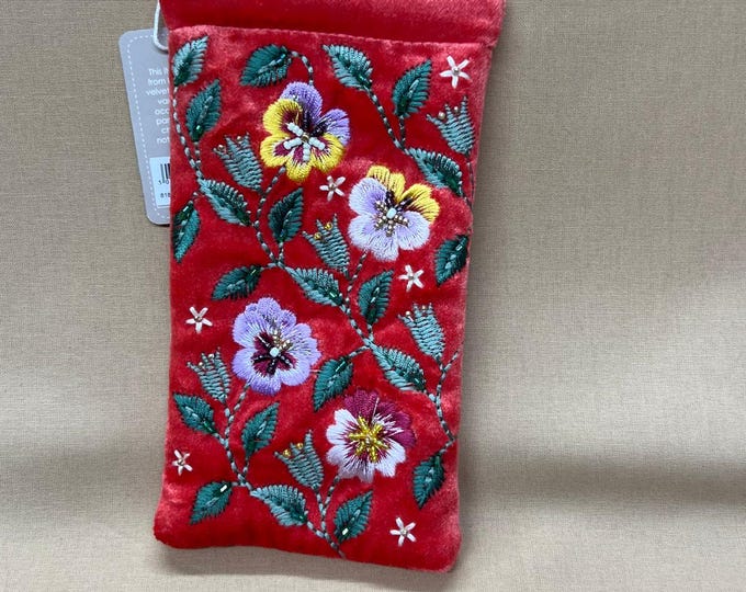 Coral Floral Embroidered Glasses Case | Velvet Sunglasses Sleeve | Soft Spectacle Pouch | Wildflower Eyewear Holder | Gift for Her