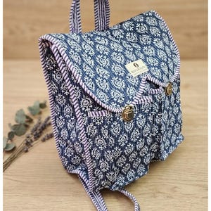 Handmade Cotton Backpack | Blue Floral Quilted Bag | Lightweight Everyday Backpack | Artisan Made in India | Boho Travel Bag