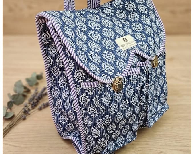 Handmade Cotton Backpack | Blue Floral Quilted Bag | Lightweight Everyday Backpack | Artisan Made in India | Boho Travel Bag