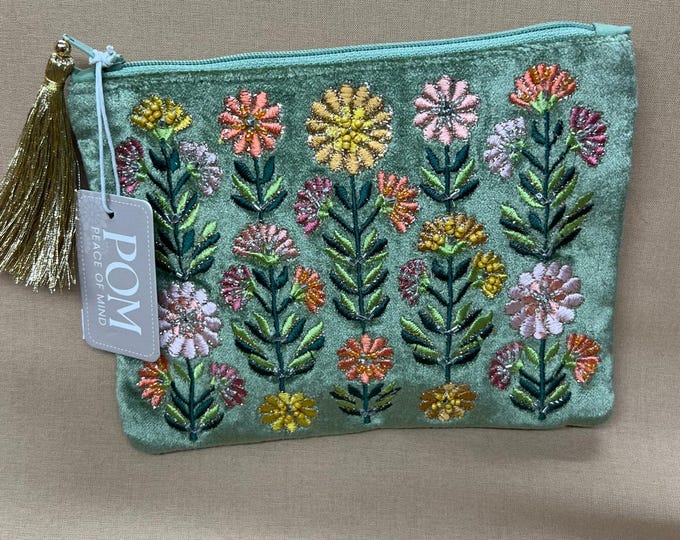 Sage Green Embroidered Floral Coin Purse | Velvet Zip Pouch with Tassel | Wildflower Makeup Bag | Small Clutch | Gift for Her