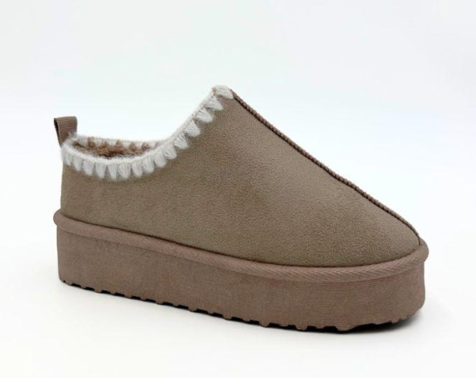 Ladies Taupe Faux Fur Lined Platform Slippers | Cozy Whip Stitch Detail