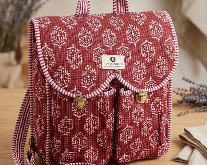 Handmade Cotton Backpack | Red Block Print Quilted Bag | Lightweight Everyday Backpack | Artisan Made in India | Boho Travel Bag