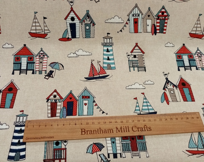 Seaside /Beach Hut Beige Linen Look Fabric, 140cm width, per half metre