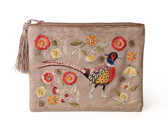 Fawn embroidered pheasant velvet zip purse - Gift