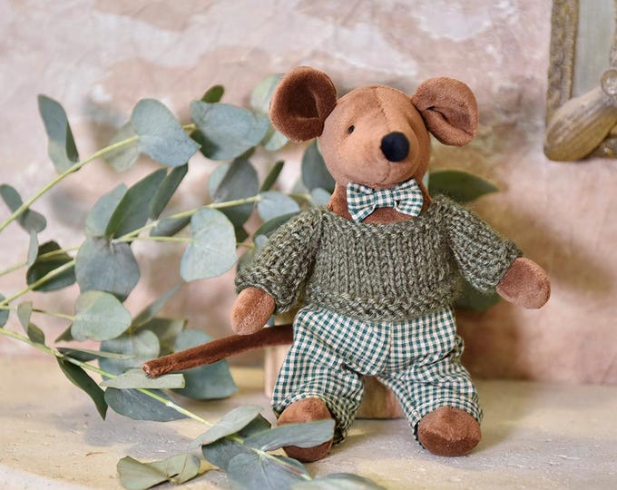 Soft Mouse With Green Gingham Trousers & Hand Knitted Jumper