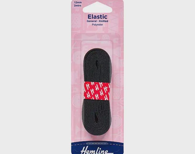 General Purpose Knitted Elastic, 2m x 12mm: Black. Hemline