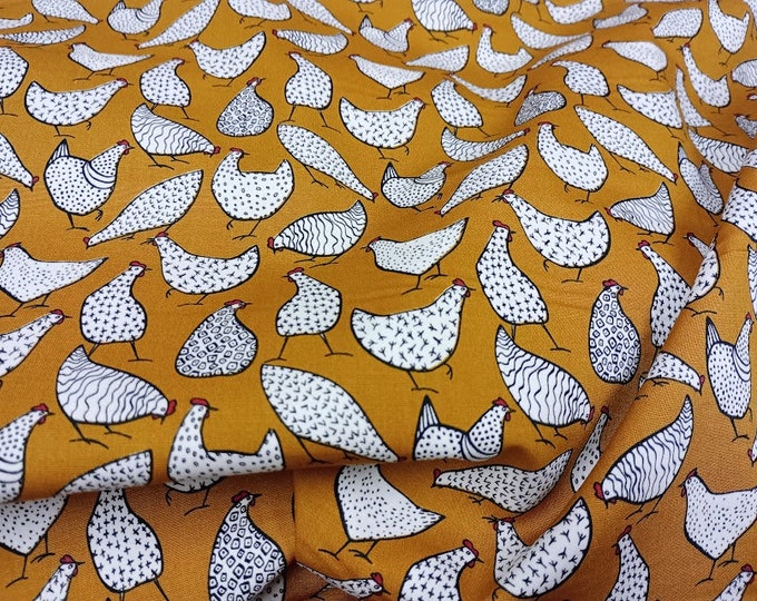 Rose & Hubble Ochre, Chicken/Hen Fabric, 110cm width, 100% Cotton Poplin PER HALF METRE