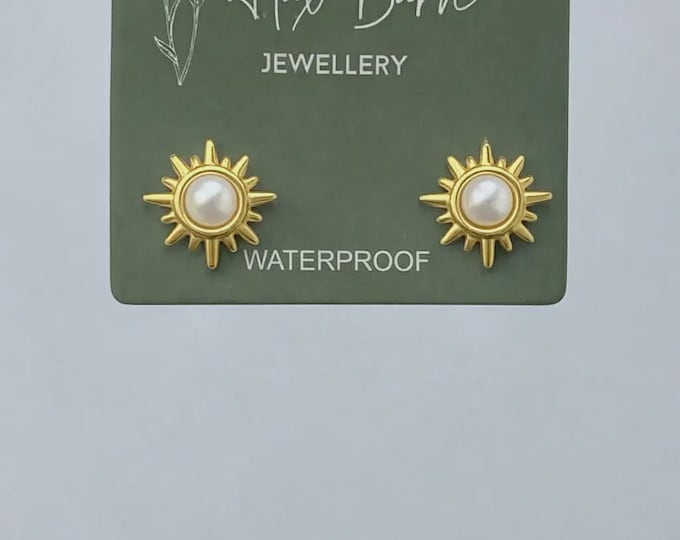 Tarnish Resistant Pearl Starburst Stud Earrings, Waterproof Gold Sunburst Studs, Celestial Dainty Earrings, Minimalist Everyday Jewelry Gift