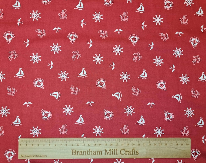 Red Nautical Print Fabric, 110cm width, 100% Cotton Poplin PER HALF METRE