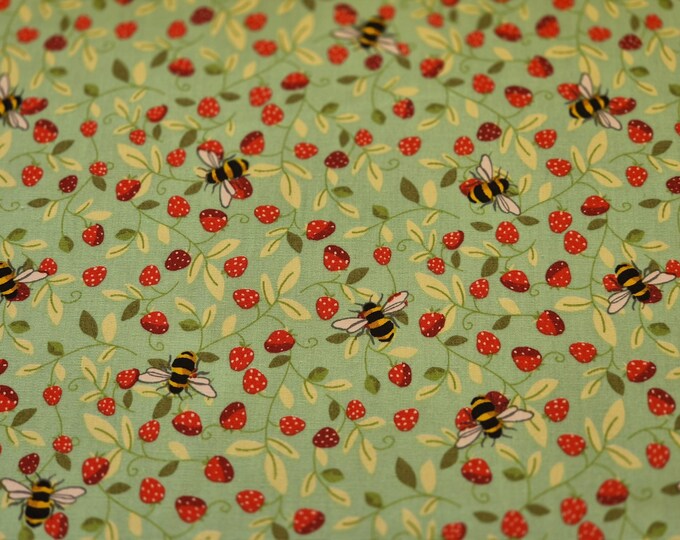 Rose & Hubble Mint Strawberry and Bee Fabric, 110cm width, Cotton Poplin PER HALF METRE