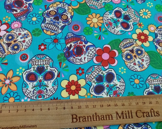 Sugar Skulls, Blue, Print Fabric, 110cm width, 100% Cotton Poplin PER HALF METRE