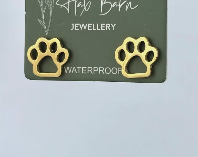 Tarnish Resistant Paw Print Stud Earrings, Gold Dog Paw Earrings, Waterproof Stainless Steel Animal Lover Studs, Pet Lover Gift Jewelry
