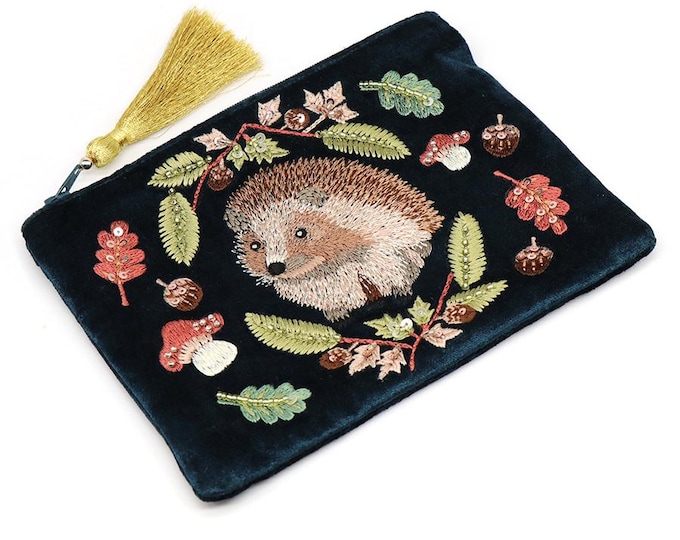 Dark Teal Hedgehog Embroidered Zip Purse – Velvet Woodland Pouch with Gold Tassel – Gift