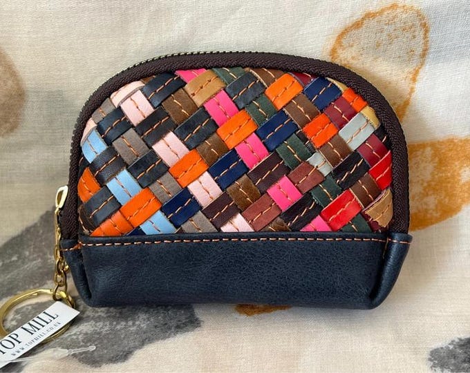 Genuine Leather Woven Keyring Coin Purse – Multicolour Zip Pouch