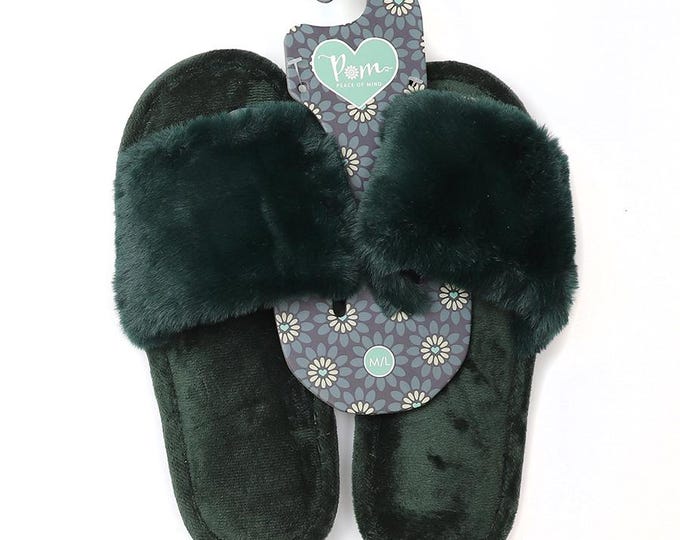 Ladies Dark Green Faux Fur Slippers