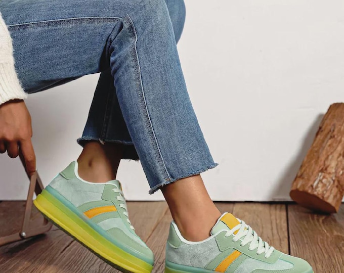 Women's Lace Up Chunky Side Detail Casual Fashion Designer Trainers in Green