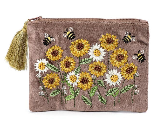 Bee & Sunflowers Embroidered Velvet Pouch, Floral Zip Makeup Bag | Cosmetic and Travel Pouch | Nature Inspired Gift