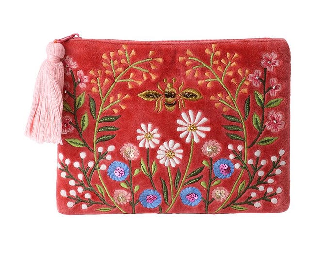 Coral Bee & Daisy Embroidered Velvet Pouch | Floral Makeup Bag | Botanical Cosmetic Case | Tassel Zip Clutch | Nature Gift for Her