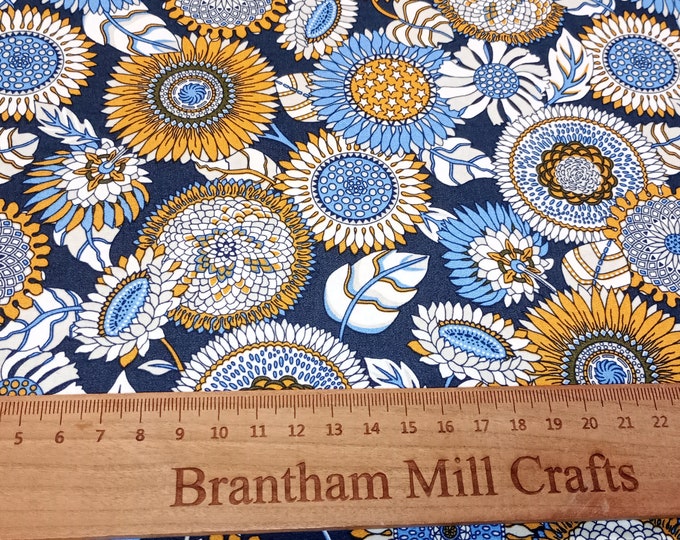 Navy Blue Floral Print Fabric, 110cm width, 100% Cotton Poplin PER HALF METRE