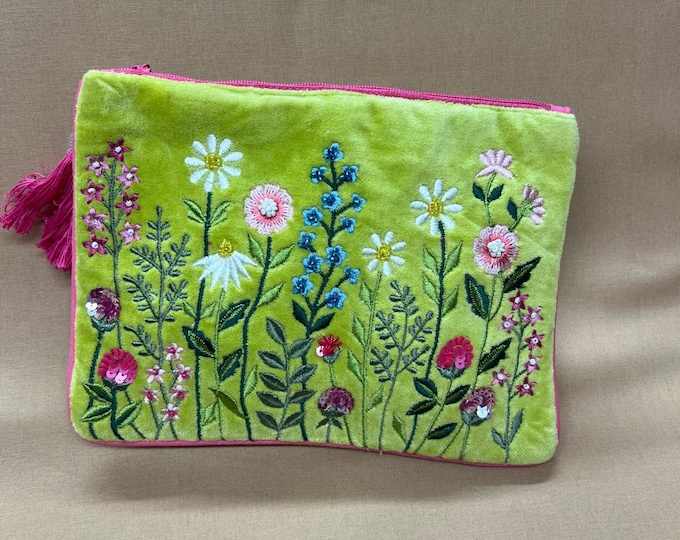 Lime Green Floral Embroidered Velvet Pouch | Wildflower Makeup Bag | Botanical Cosmetic Case | Tassel Zip Clutch | Bright Gift for Her