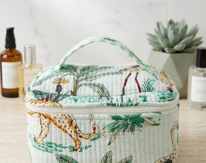 Handmade Cotton Cosmetic Bag | White Tropical Quilted Makeup Bag | Travel Toiletry Case | Zipper Vanity Organizer | Artisan Made in India