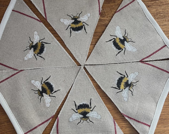 Embroidered Bumble Bee Bunting, Handmade, Garland, Linen Fabric