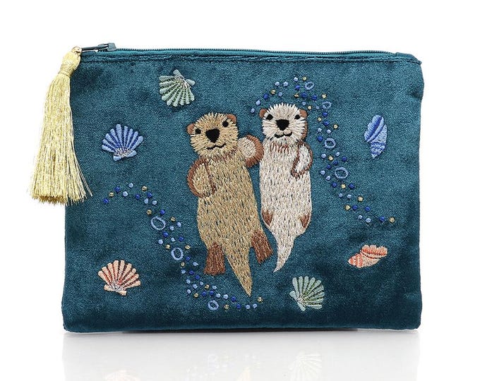 Teal velvet embroidered otters and shells zip purse