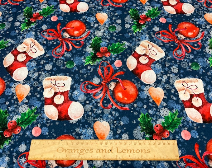 Christmas Stocking, Christmas fabric on White, 100% Cotton, 140cm width