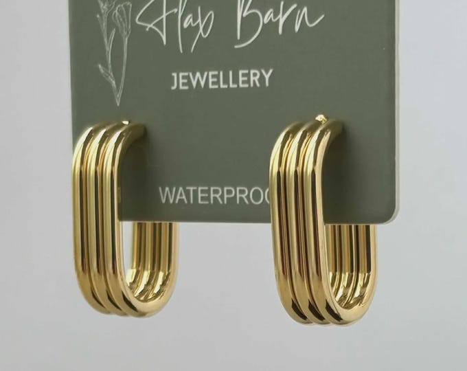Tarnish Resistant Trio Gold Hoop Earrings, Waterproof Ribbed Elongated Hoops, Minimalist Statement Hoops, Modern Everyday Jewelry