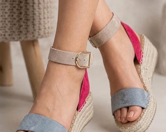 Sandalias de cuña baja tipo alpargata multicolor para mujer